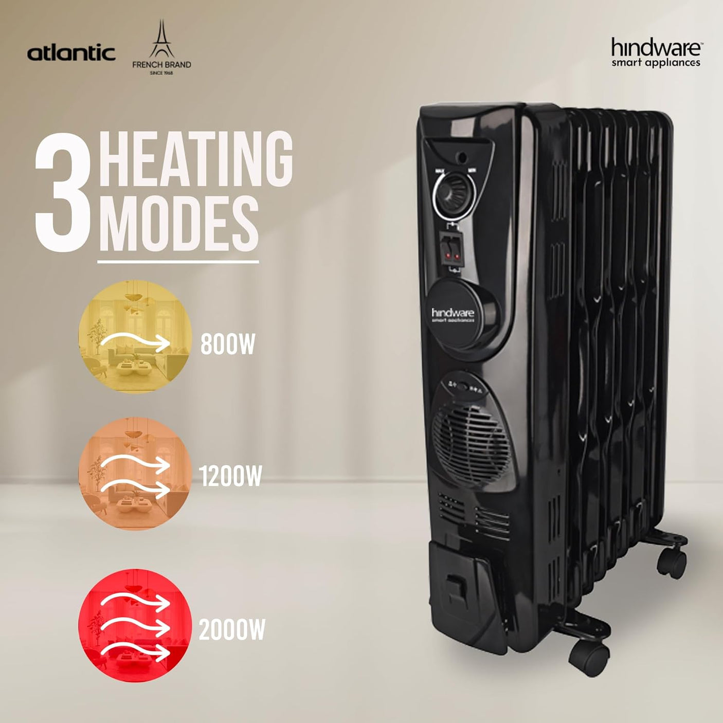 Hindware Atlantic 2500 Watt Ofr Room Heater With Ptc Fan - Velda 11 Fin, Black