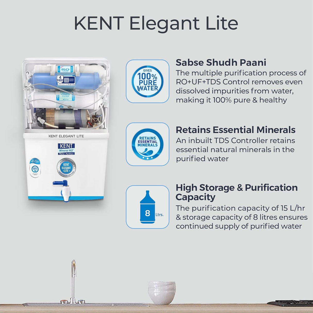 KENT ELEGANT LITE 8 L RO + UF + TDS Water Purifier  (White)