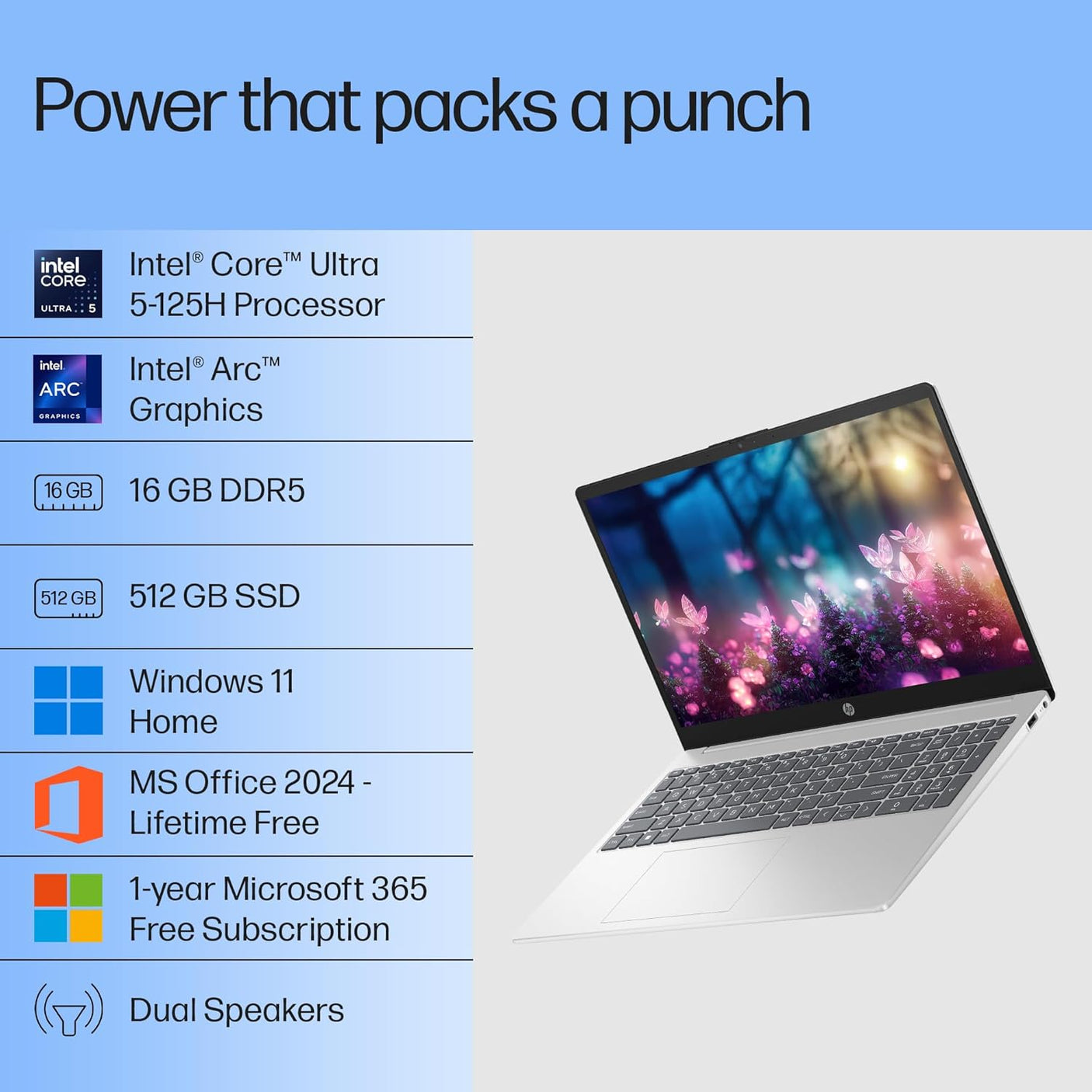 HP 15, Intel Ultra 5 125H, 12 Tops (16GB DDR5, 512GB SSD) FHD, IPS, 15.6''/39.6cm, Win11, M365 Basic(1yr)* Office24, Silver, 1.65kg, fd1254TU, Intel Graphics, FHD Camera w/Shutter, AI Powered Laptop
