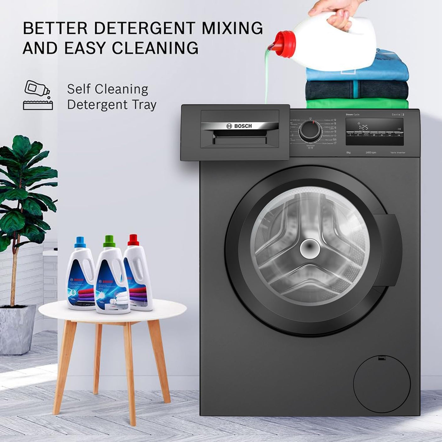 Bosch 8 kg 5 Star Fully-Automatic Front Loading Washing Machine (WAJ2826CIN, Black Grey, AI active water plus, In-Built Heater)