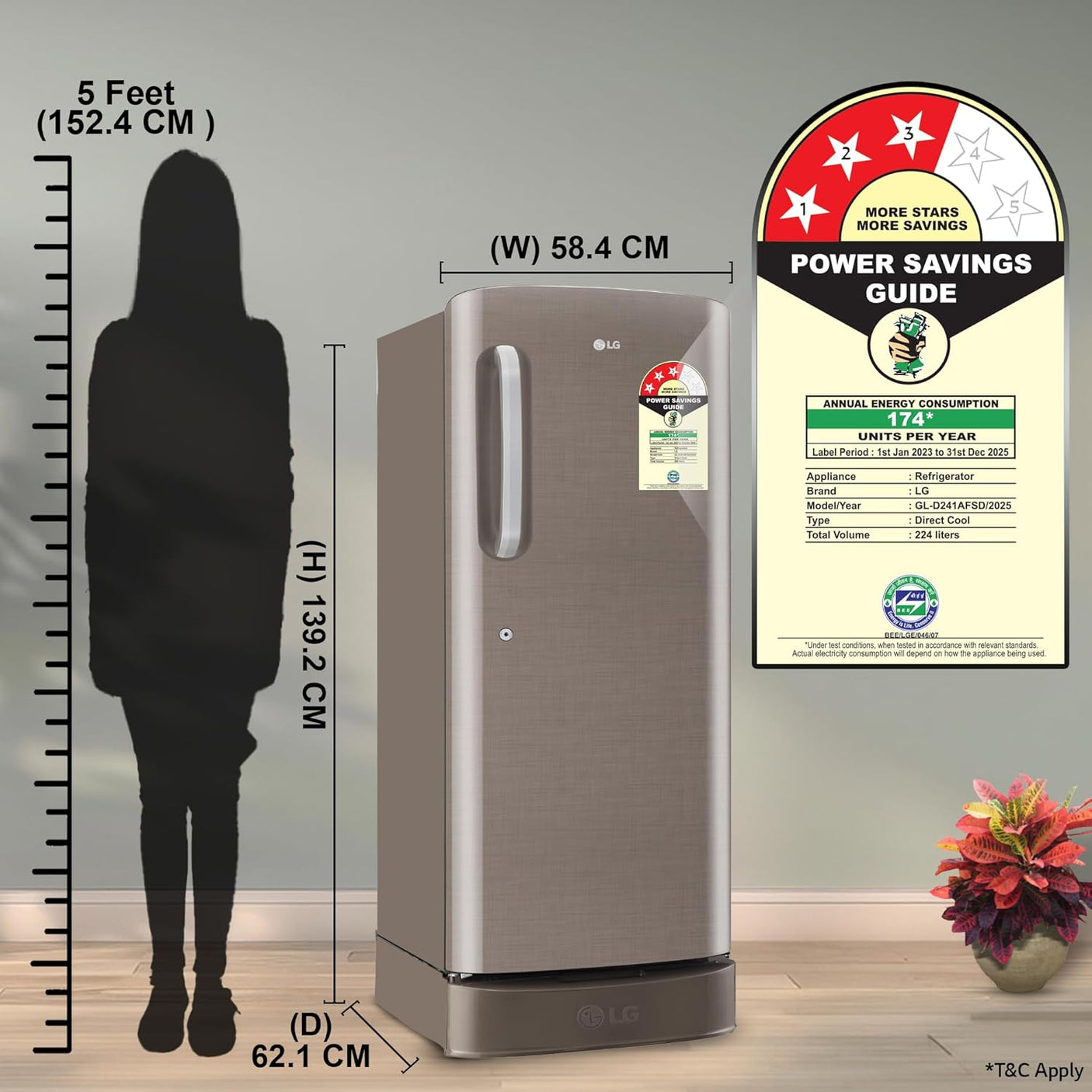 LG 224 L, 3 Star, Direct Cool Single Door Refrigerator (GL-D241AFSD, Fawn Steel, Base stand with drawer & Fast Ice Making)