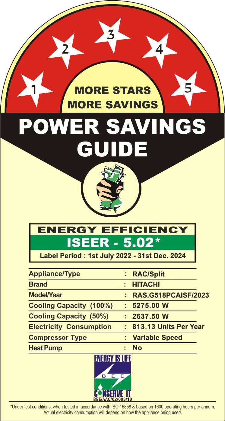 Hitachi 1.5 Ton 5 Star Inverter Split AC (100% Copper, Dust Filter, RASG518PCBISF)