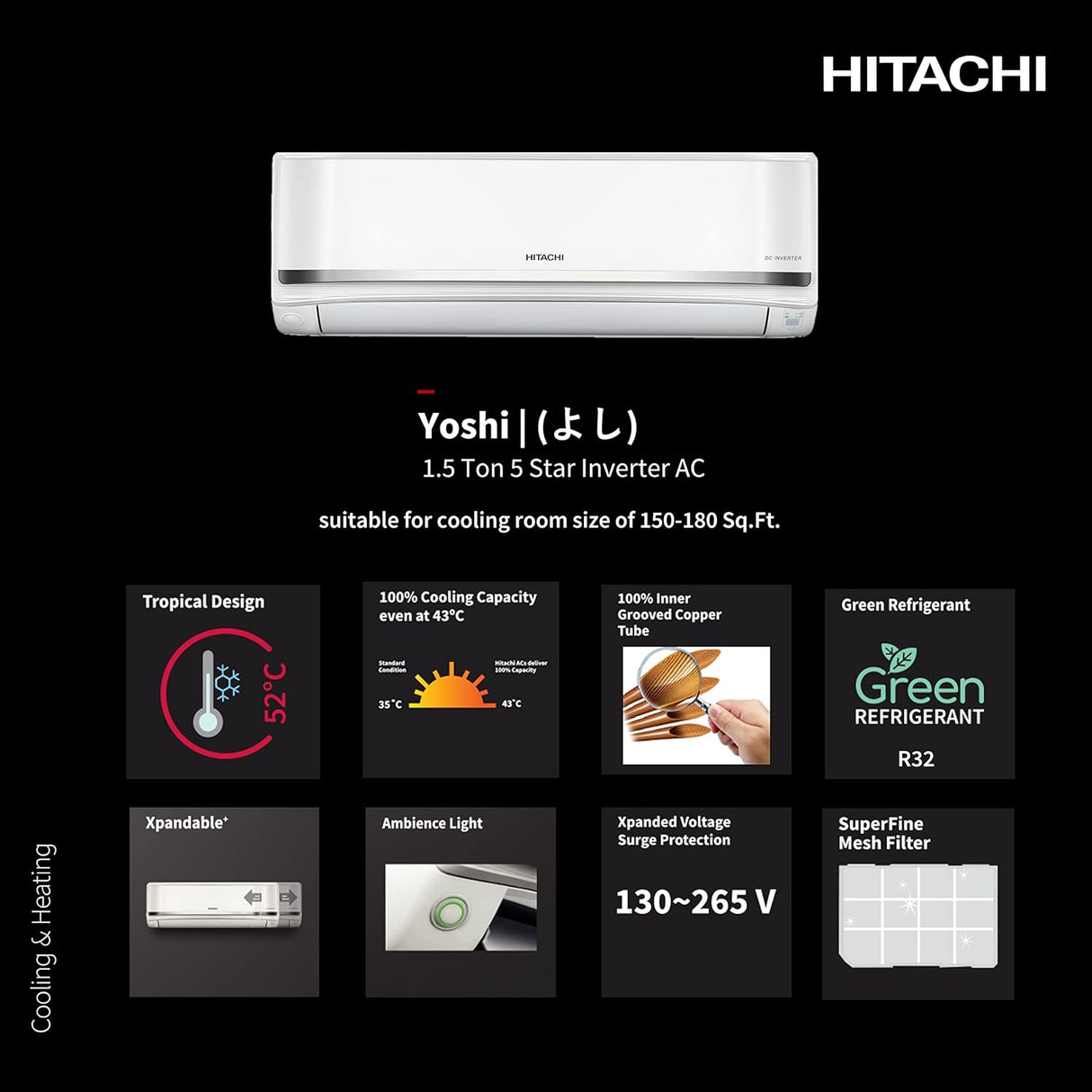 Hitachi 1.5 Ton 5 Star Inverter Split AC (100% Copper, Dust Filter, 2023 Model, RASG518PCAISF)