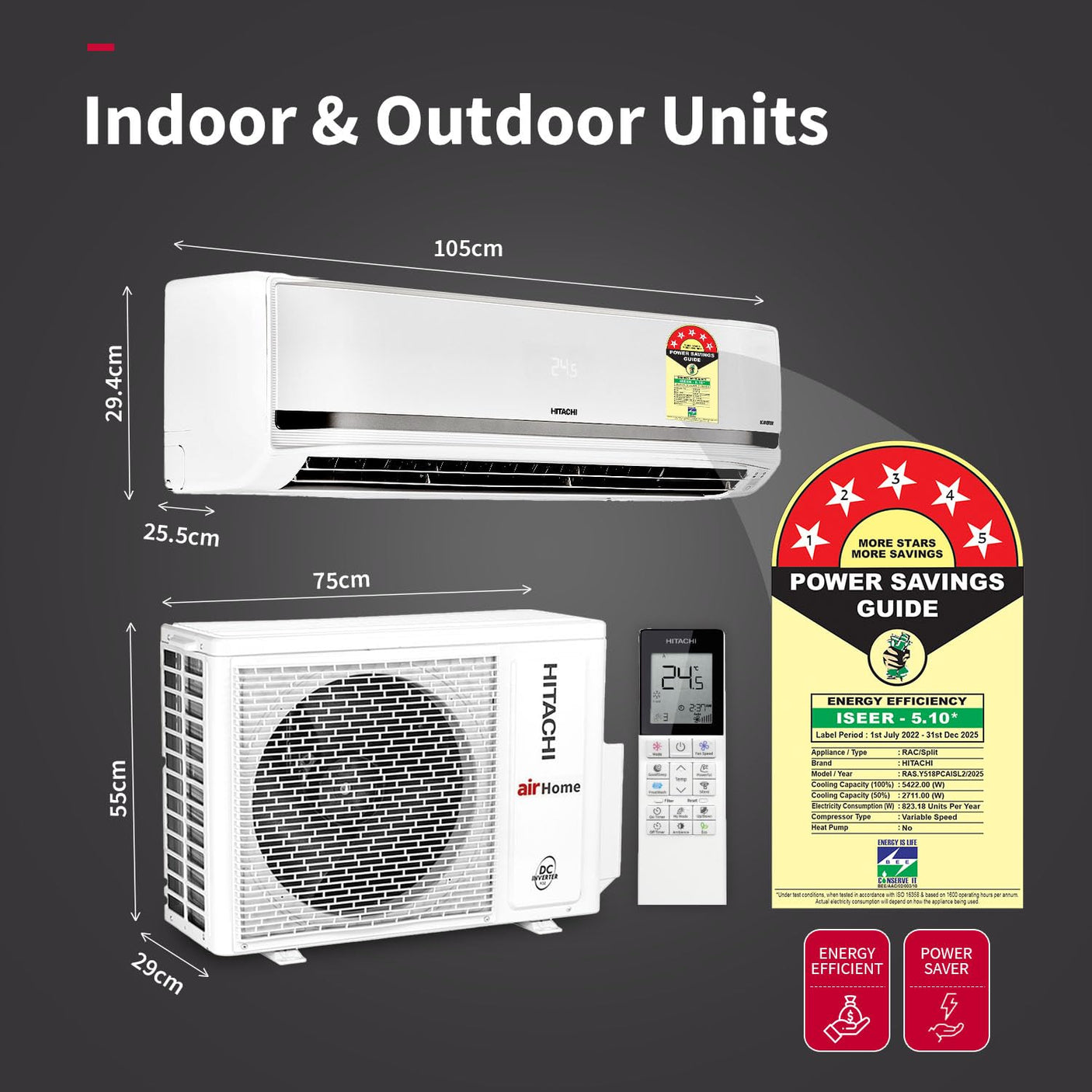 Hitachi 1.5 Ton Class 5 Star, Heavy Duty, Wifi-enabled, Inverter Split AC (RASY518PCAISL2)