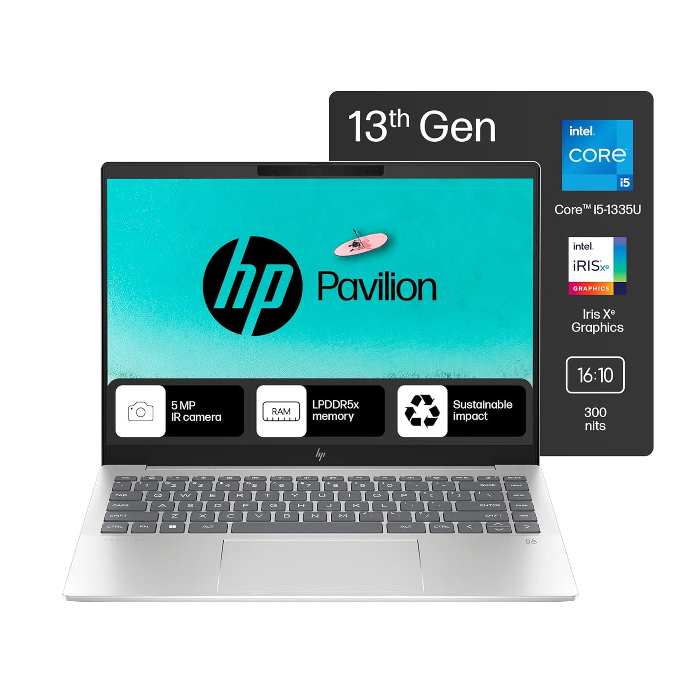 HP Pavilion Plus, 13th Gen Intel Core i5-1335U Laptop, (16GB LPDDR5x,512GB SSD),IPS, 300 nits, 14''(35.6cm) 2K,Win 11, M365 Basic(1yr), Office Home 24, Silver,1.38kg, 5MP Camera w/Shutter, EW0107TU