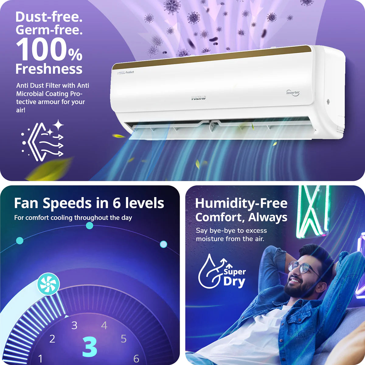 Voltas Vertis Elite Gold 1 Ton 3 Star Inverter Split Air Conditioner (Model: 123INV) | 6-Step Adjustable Mode | Turbo Cooling | Ice Wash Technology | High Ambient Cooling | Copper Condenser | 2026 Model