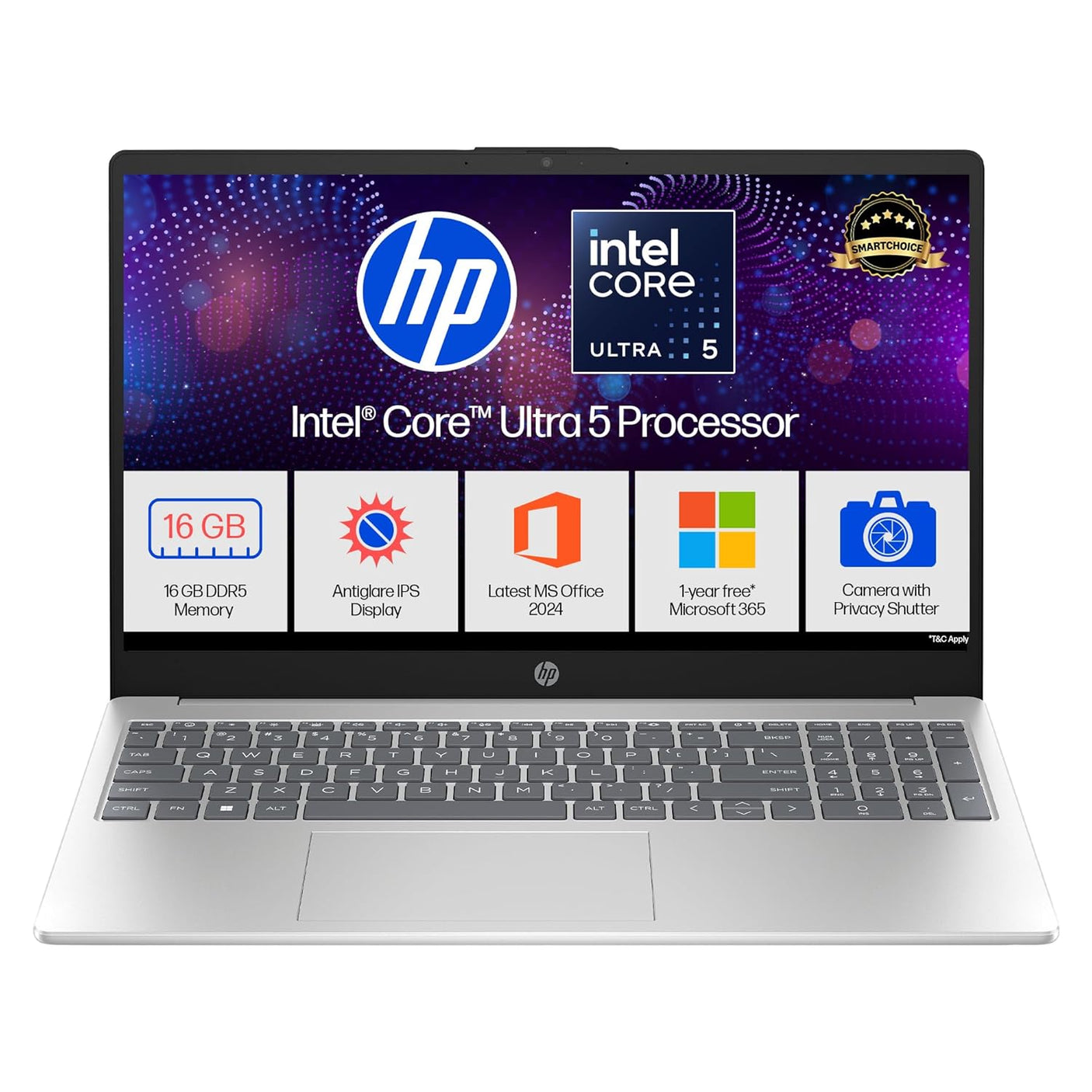 HP 15, Intel Ultra 5 125H, 12 Tops (16GB DDR5, 512GB SSD) FHD, IPS, 15.6''/39.6cm, Win11, M365 Basic(1yr)* Office24, Silver, 1.65kg, fd1254TU, Intel Graphics, FHD Camera w/Shutter, AI Powered Laptop