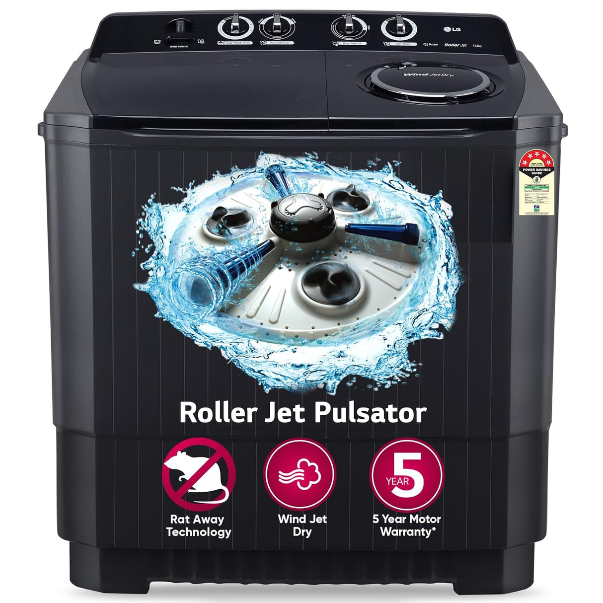 LG 11 Kg 5 Star Wind Jet Dry Rat Away Technology Semi-Automatic Top Loading Washing Machine (P1155SKAZ