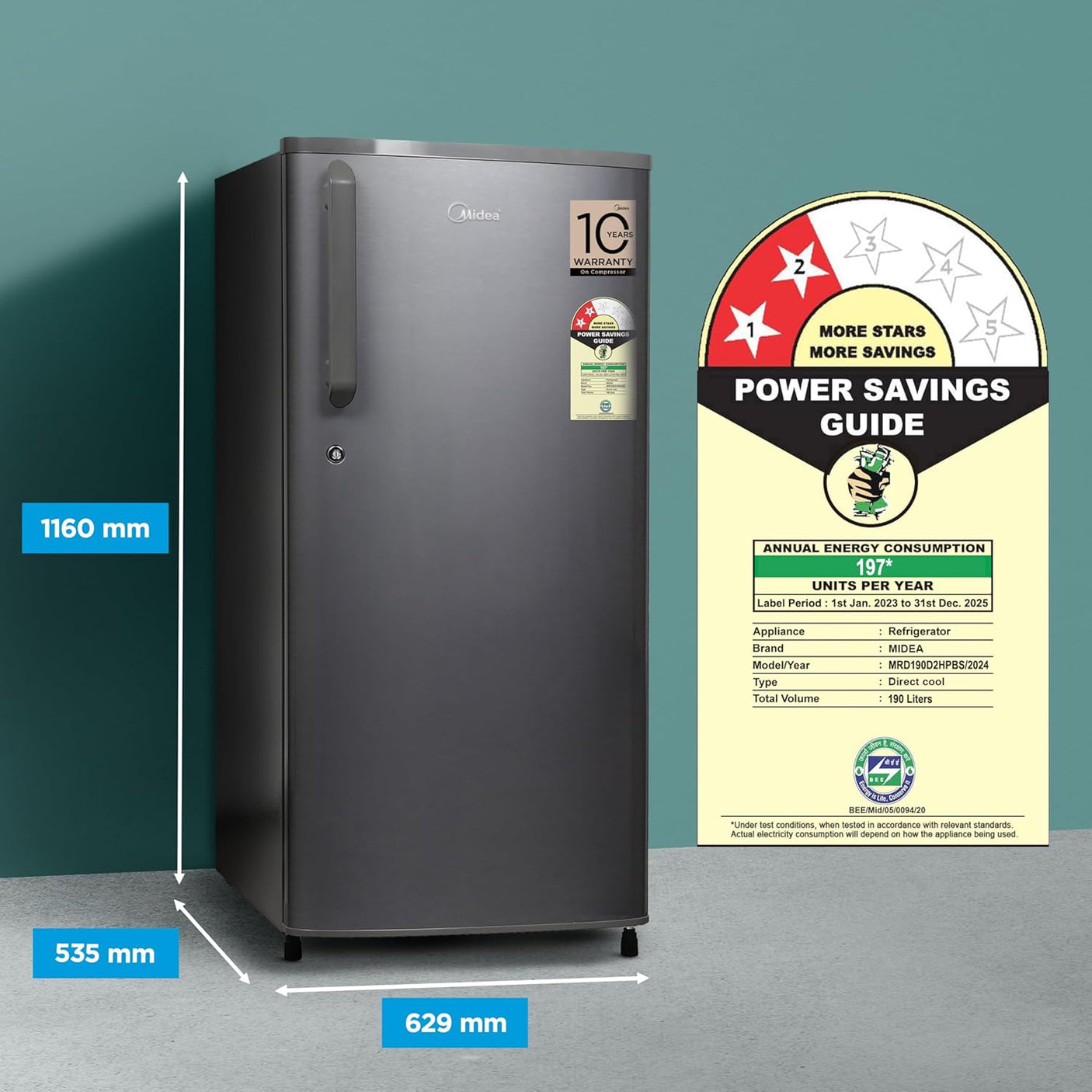 Midea 190 L 2 Star Direct Cool Refrigerator (MRD190D2HPBS, Silver, Hairline, 2025 Model)