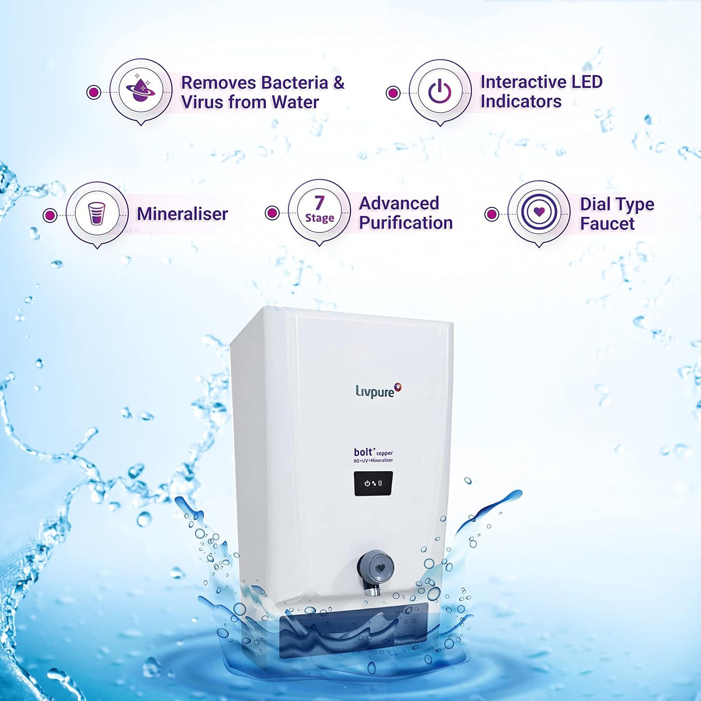 LIVPURE LIV-BOLT+ COPPER(RO+UV+MIN) 7 L RO + UV + Mineraliser Water Purifier  (White)