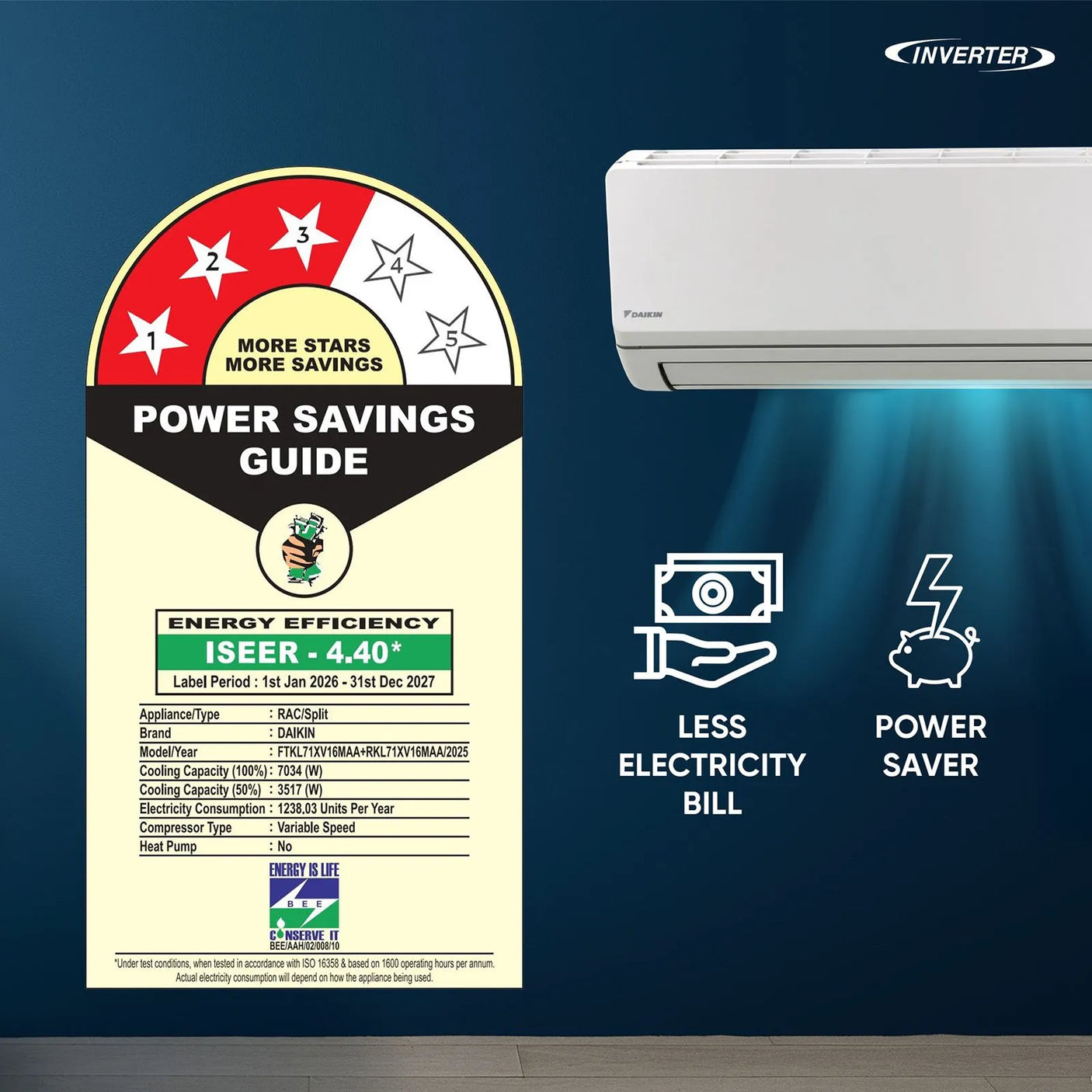 Daikin 2 Ton 3 Star Inverter Split AC (FTKL71XV16MAA) – Copper Condenser, PM2.5 Filter, Powerful Cooling