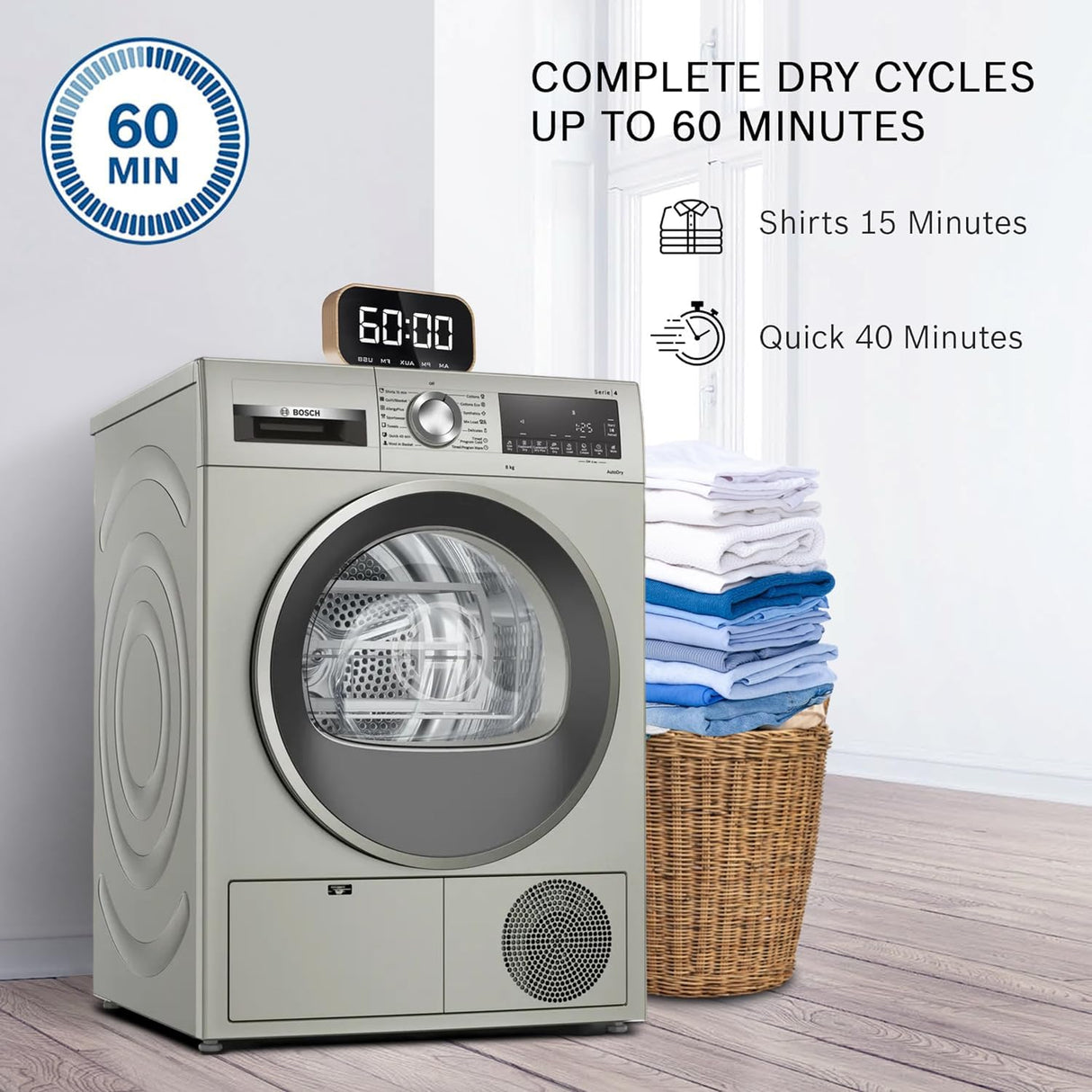 Bosch 9 kg Fully Automatic Front load Condenser Tumble Dryer (2024 Model, WPG24108IN, 5 Drying Options, 14 Programs, Allergy Plus, 100% Drying with 0% Effort, Inbuilt Heater, Silver)