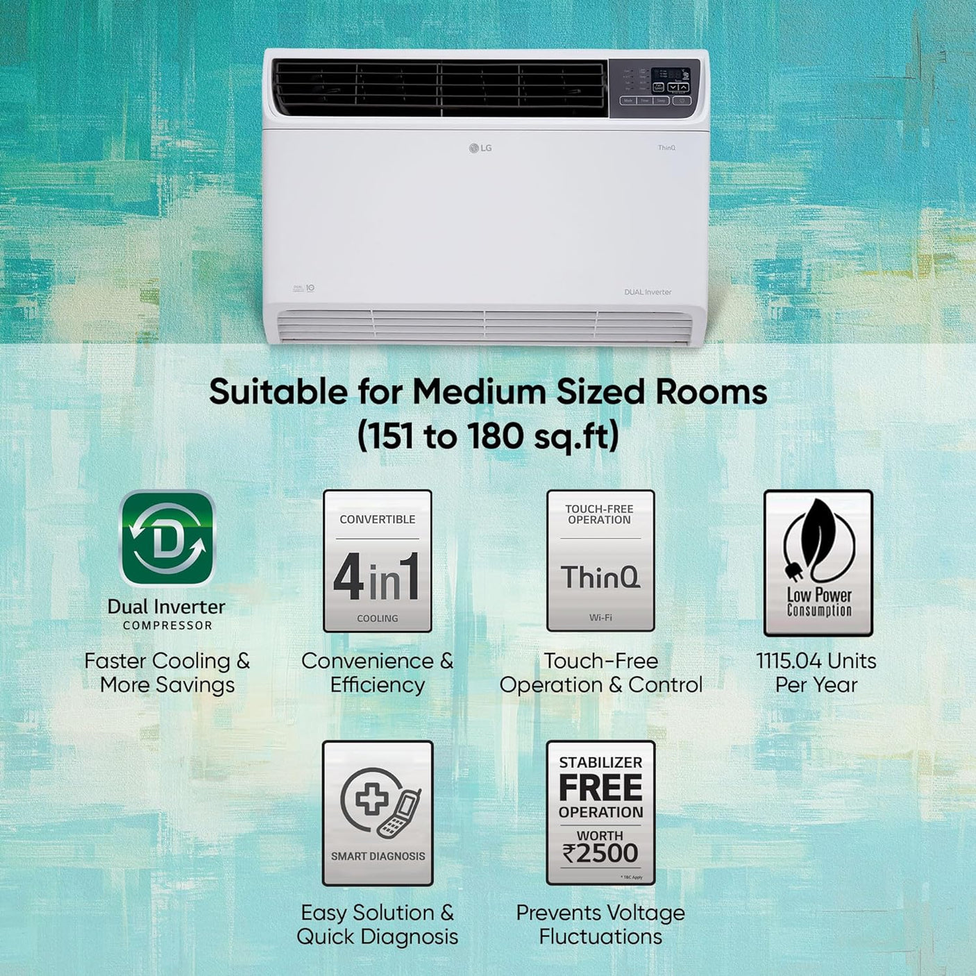 LG Convertible 4 in 1 Window 1.5 Ton 3 Star DUAL Inverter Smart AC  | Voice Control | 2024 Model | White (TW-Q18WWXA)