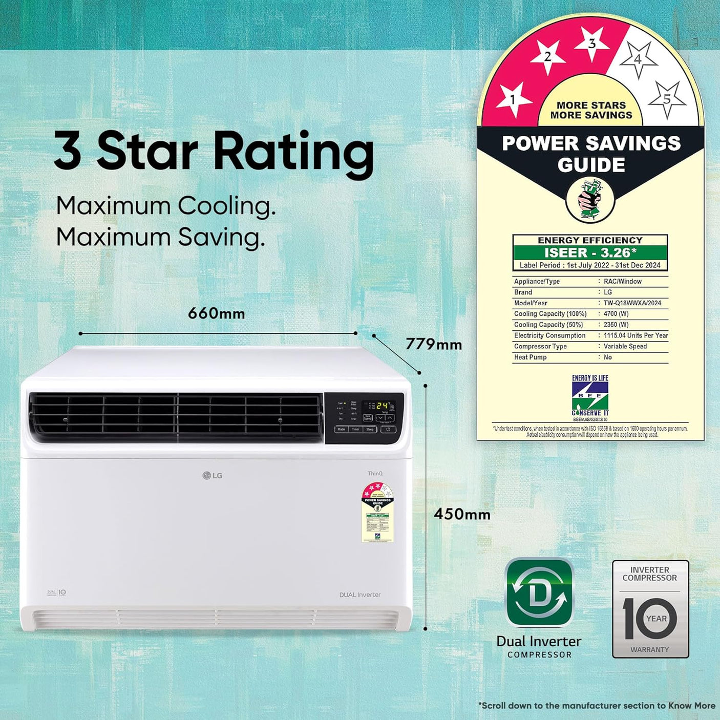 LG Convertible 4 in 1 Window 1.5 Ton 3 Star DUAL Inverter Smart AC  | Voice Control | 2024 Model | White (TW-Q18WWXA)