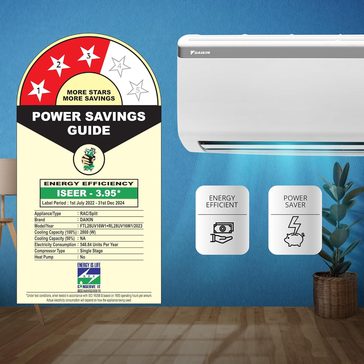 Daikin 0.8 Ton 3 Star, Fixed Speed Split AC (Copper, PM 2.5 Filter, FTL28UV16W1, White)