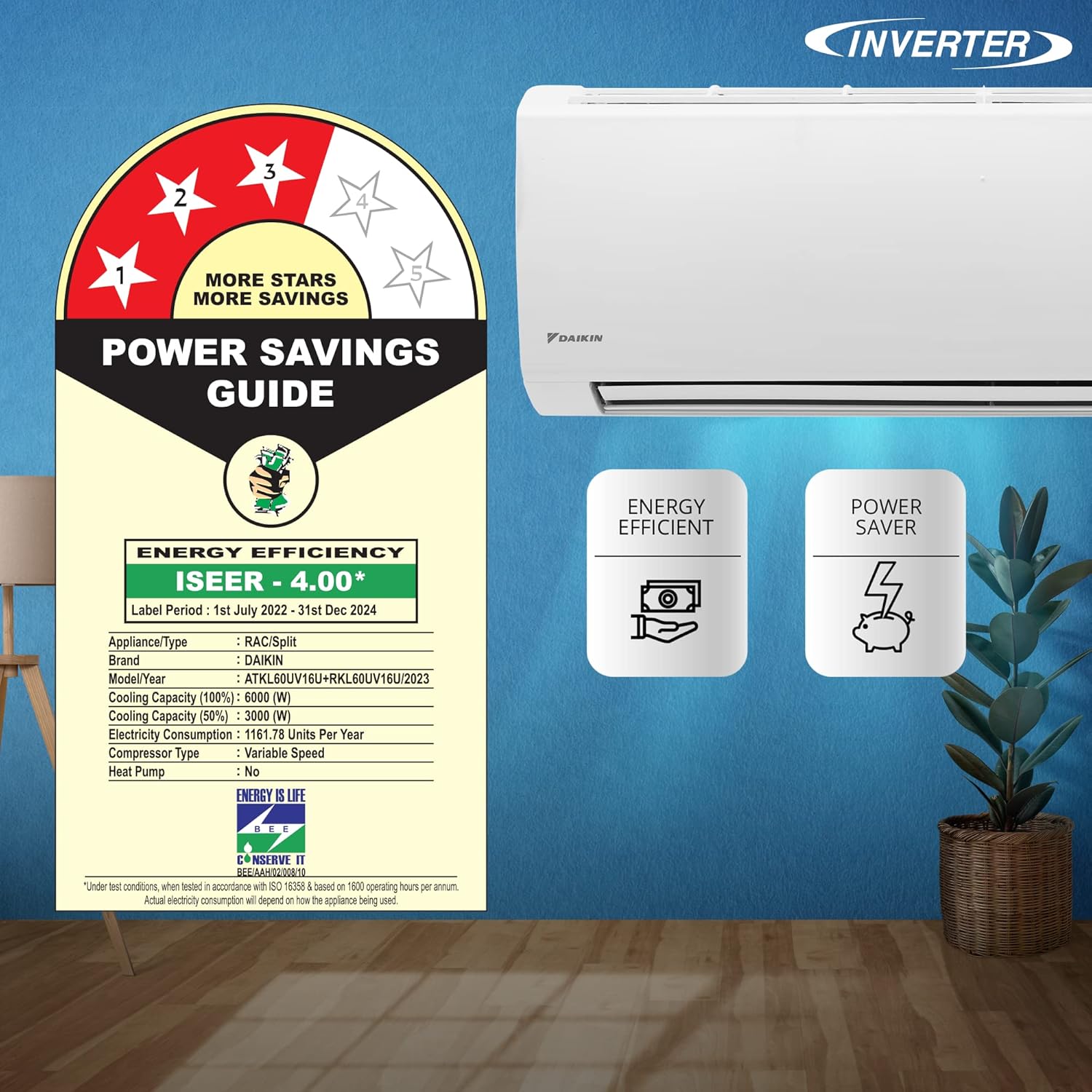 Daikin 1.8 Ton 3 Star Inverter Split AC (Copper, Anti Bacterial