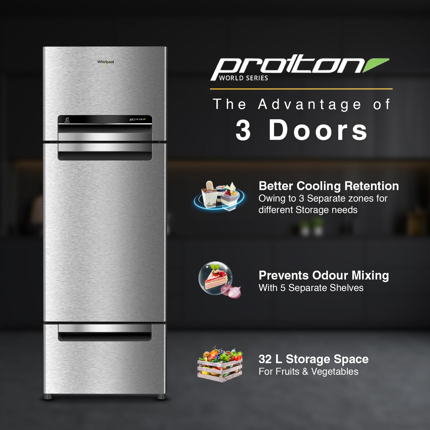 Whirlpool 300L Triple-Door Refrigerator, 6th Sense Active Fresh (FP 343D PROTTON ROY ALPHA STEEL (N) - 20817)