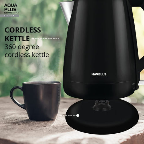 Electric Kettle - Havells, featuring 1500W power, 1.2L capacity, and auto shut-off for safety.