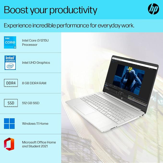 Best Laptop: HP 15s - i3 12th Gen, 8GB RAM, 512GB SSD, Win 11, 15.6", Silver (MS Office)