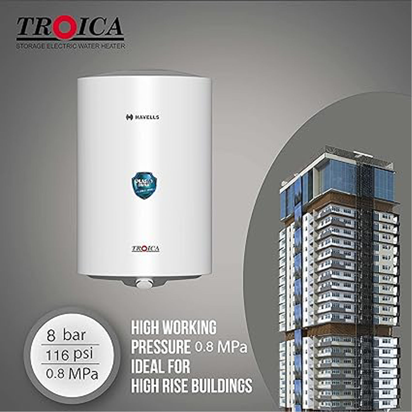 Room Heater: Havells Troica 25L Water Heater - White Grey, 4 Star