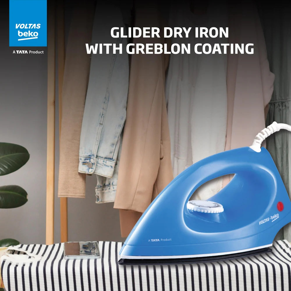 Voltas Beko 1000 W Dry Iron (I1000VD-BU, Blue, with Crease-busting Greblon Soleplate)