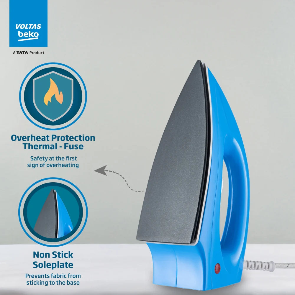 Voltas Beko 1000 W Dry Iron (I1000VD-BU, Blue, with Crease-busting Greblon Soleplate)
