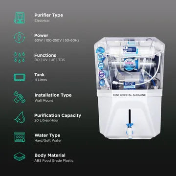 KENT CRYSTAL ALKALINE 11 L RO + UV + UF + TDS Control + Alkaline + UV in Tank Water Purifier