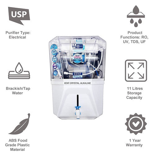 KENT CRYSTAL ALKALINE 11 L RO + UV + UF + TDS Control + Alkaline + UV in Tank Water Purifier