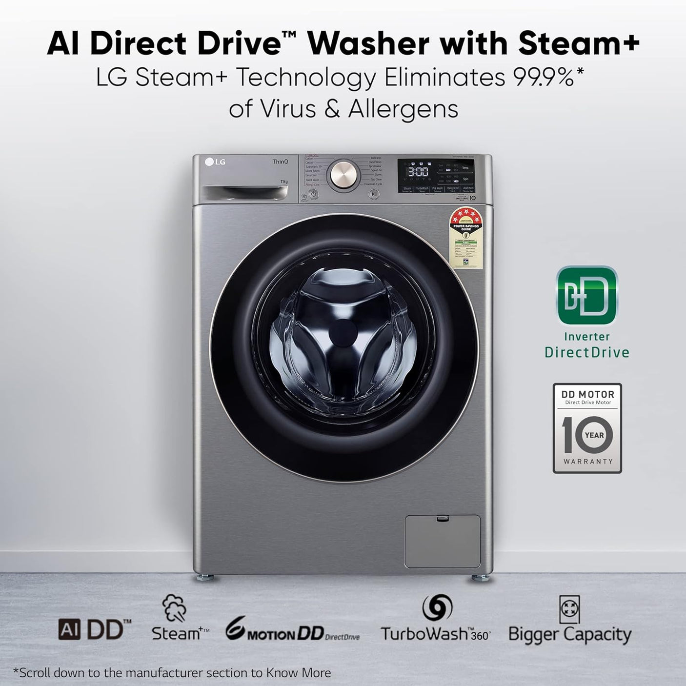 LG 11kg Front Load Washer, AI Direct Drive™, Platinum Silver WM FHP1411Z9P