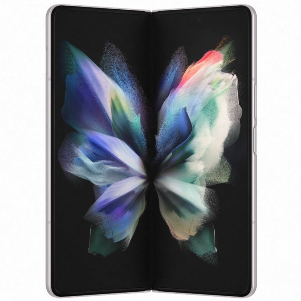 Samsung Galaxy Z Fold 3 5G: Elegant Phantom Silver mobile with 12GB RAM and 256GB storage.