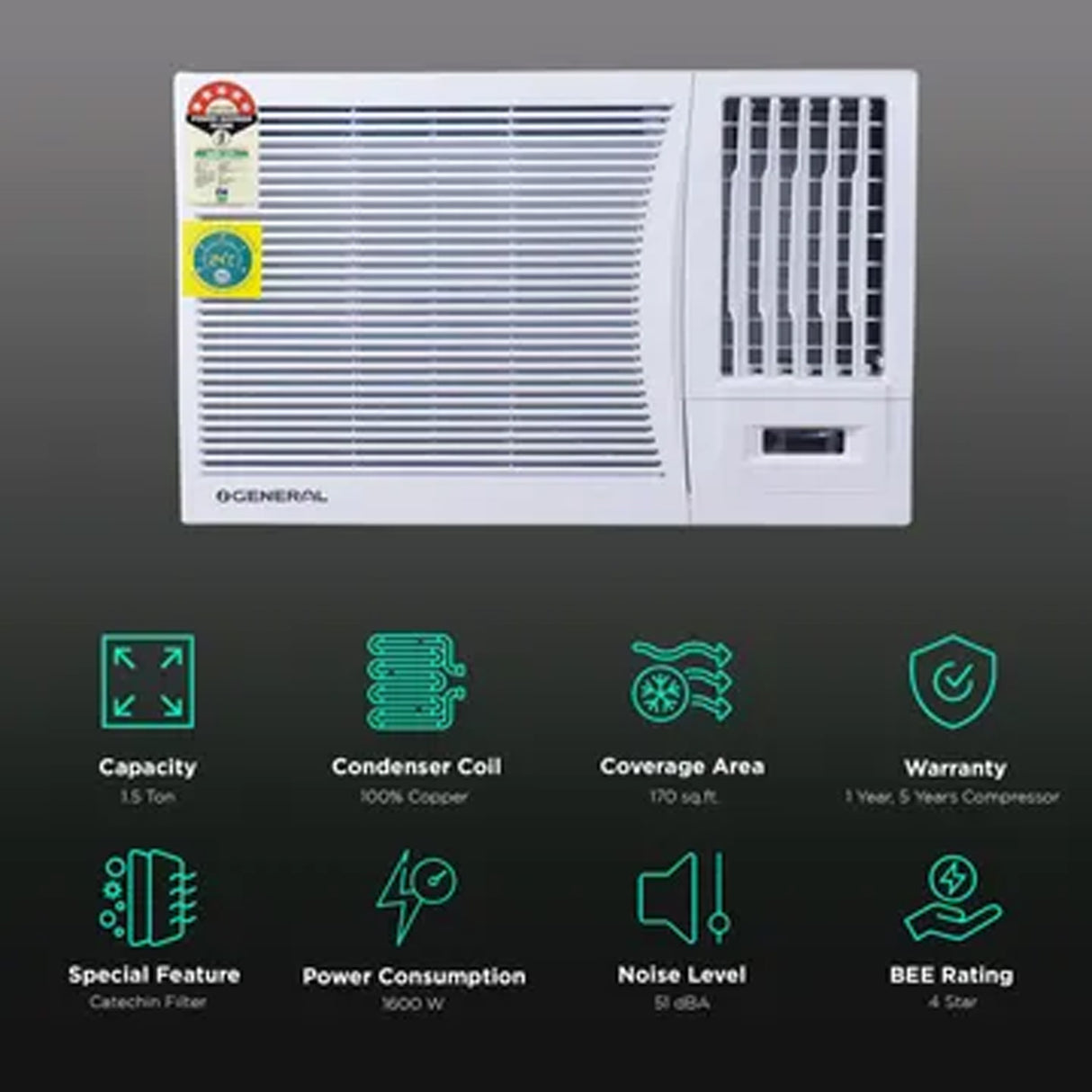 O General 1.5 Ton 4-Star Window AC - Experience superior cooling with Copper Condenser technology.