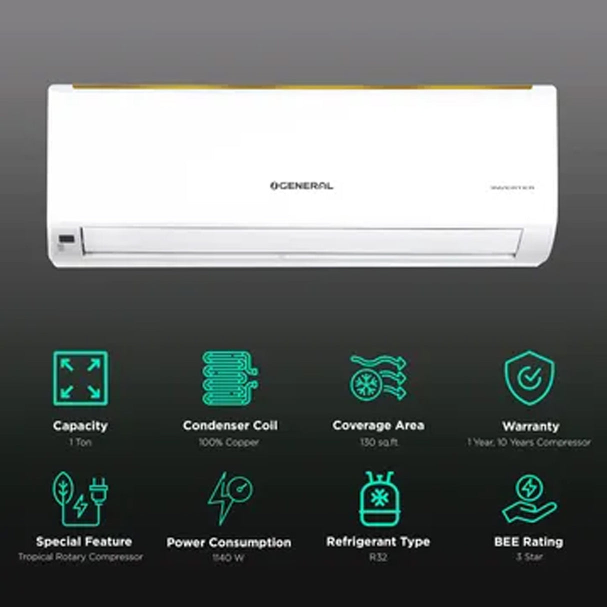 Experience cooling excellence with O GENERAL's top-tier 1 Ton 3 Star Inverter Split AC.