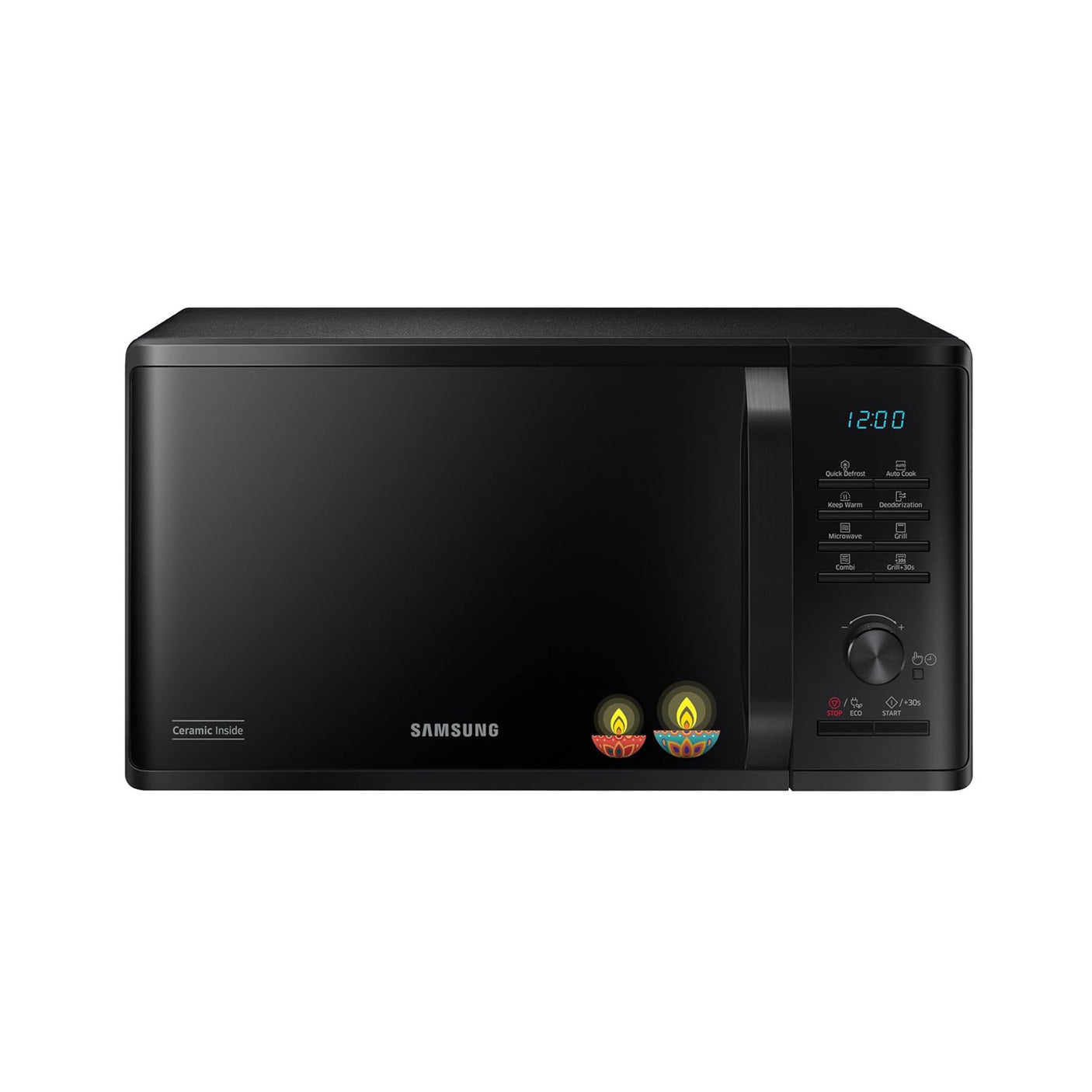 Samsung 23L Grill Microwave: Elegant black, a modern kitchen essential.