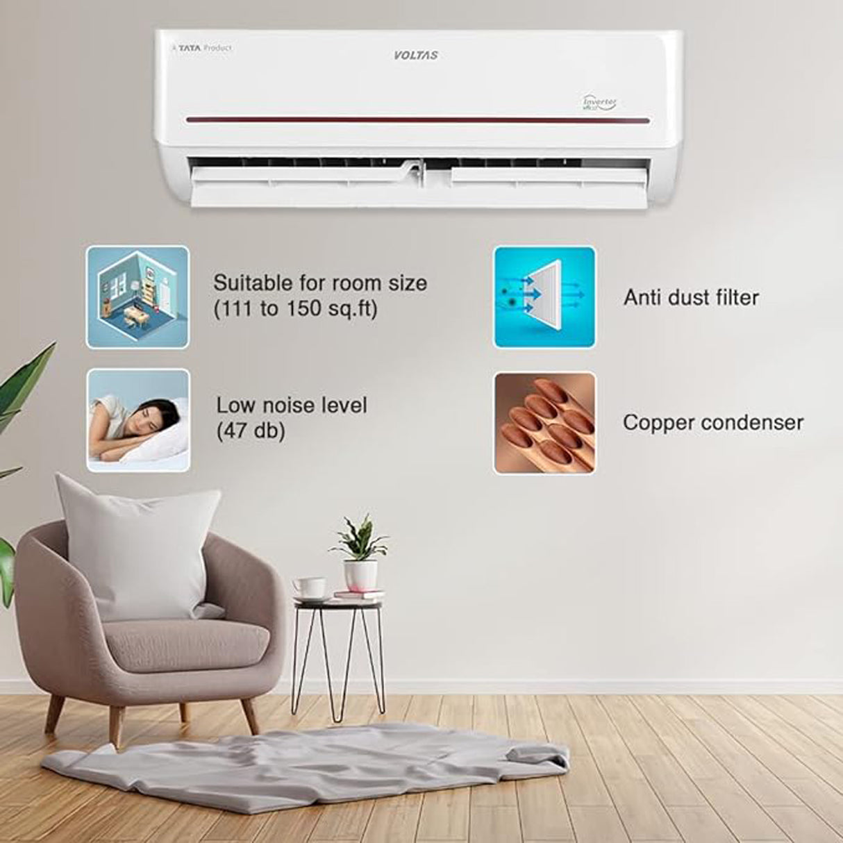 Energy-Efficient Comfort: Voltas 1.5 Ton AC - Inverter, Copper, 3 Star Rating, 2023
