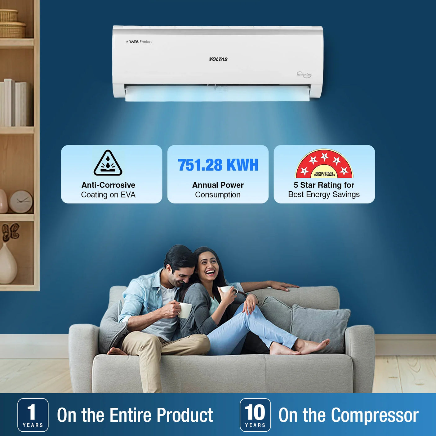 Voltas 1.5 Ton 5 Star Inverter Split AC 185V Vectra Elite, White