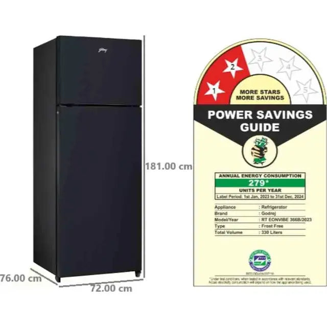 Godrej 330 Litres 2 Star Double Door Frost Free Convertible Refrigerator with Nano Shield Technology (RT EONVIBE 366B RCIT MT BK, Black)