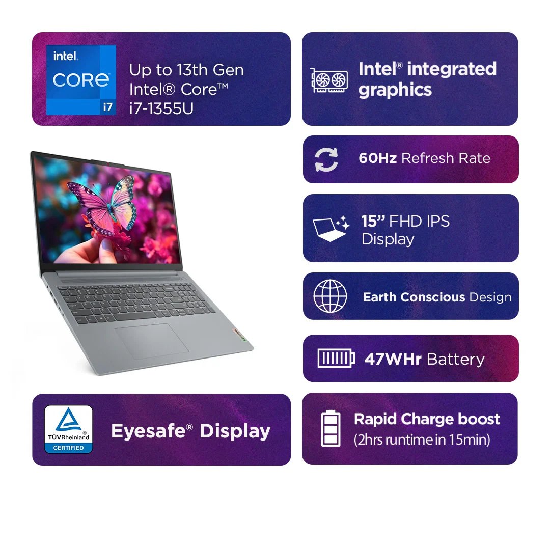 Lenovo IdeaPad Slim 3 Intel Core i3 13th Gen Windows 11 Home Laptop, 82X700HMIN ( Arctic Grey,8GB-512GB )