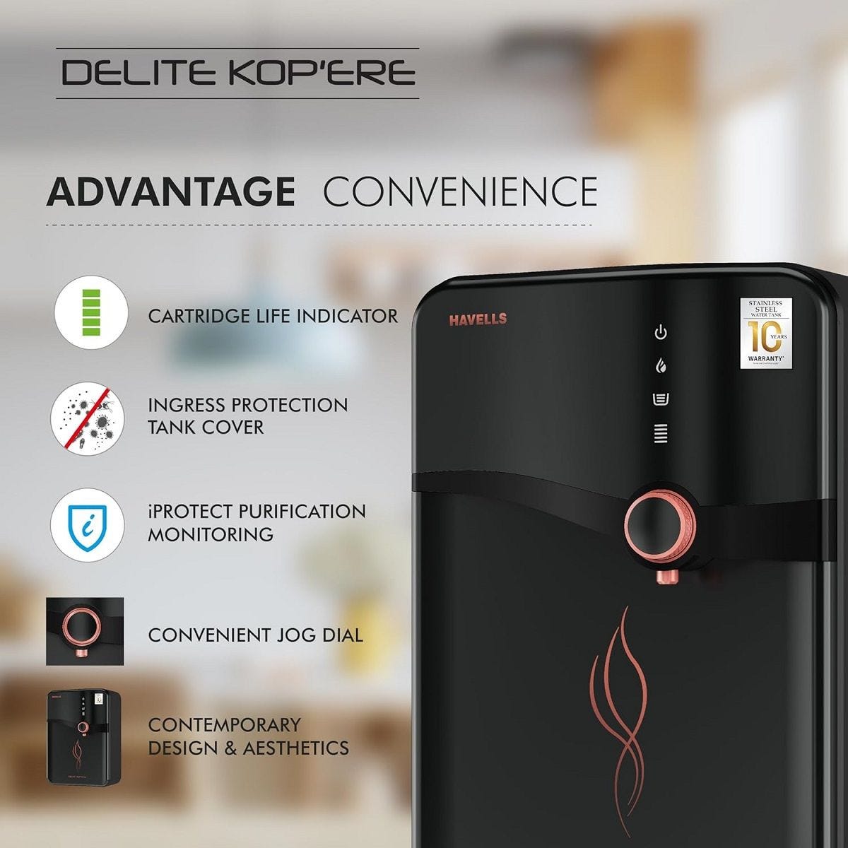 Havells Delite Kopere Alkaline HR Water Purifier | RO+UV, 6.5L Stainless Steel Tank, 7 Stage, Black