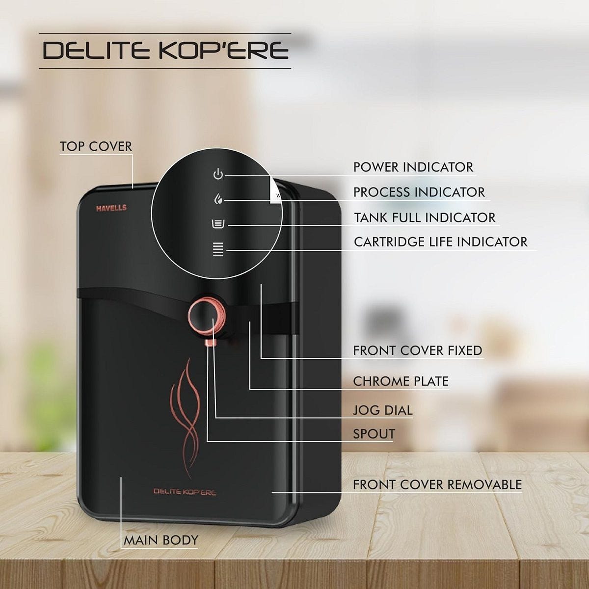 Havells Delite Kopere Alkaline HR Water Purifier | RO+UV, 6.5L Stainless Steel Tank, 7 Stage, Black