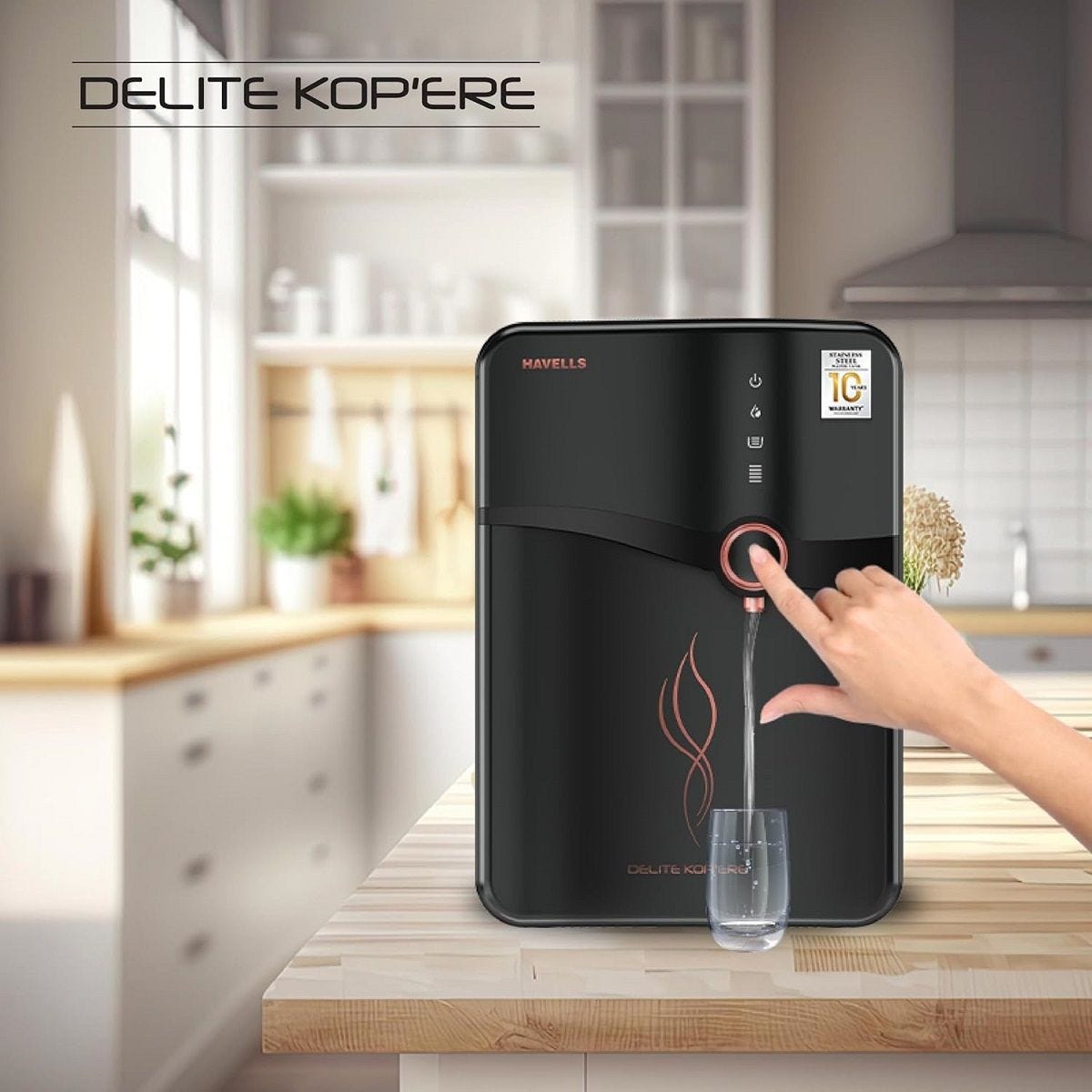Havells Delite Kopere Alkaline HR Water Purifier | RO+UV, 6.5L Stainless Steel Tank, 7 Stage, Black