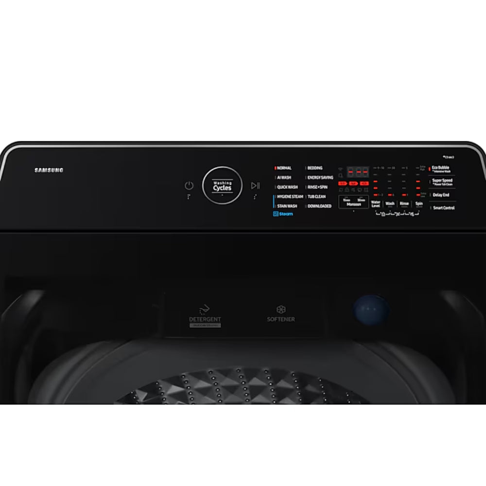 Samsung 12 kg 5 Star AI Wash Top Load Washing Machine with Heater, Eco Bubble, BubbleStorm, Dual Storm Pulsator, Soft Close Lid, Black Caviar (WA80F12B6B, 2025 Model)