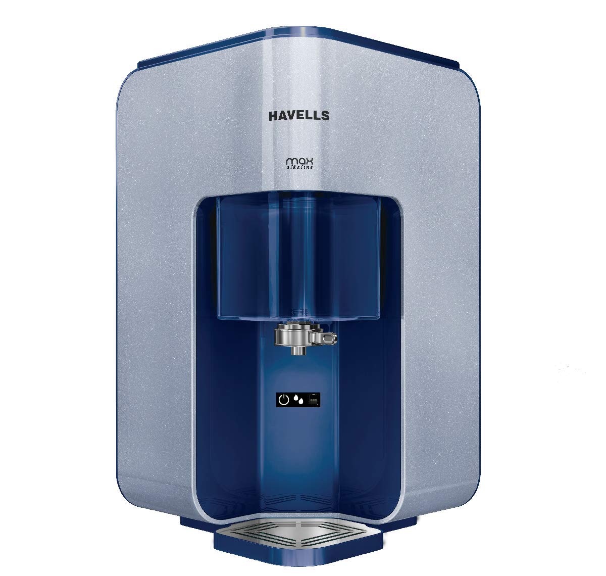 Havells Max Alkaline Water Purifier, First corner mounting design (Patented), Cu+Zn+Alkaline+natural minerals, 7 stage Purification, RO+UV Purification tech., 7 L Transparent tank (White & Blue)