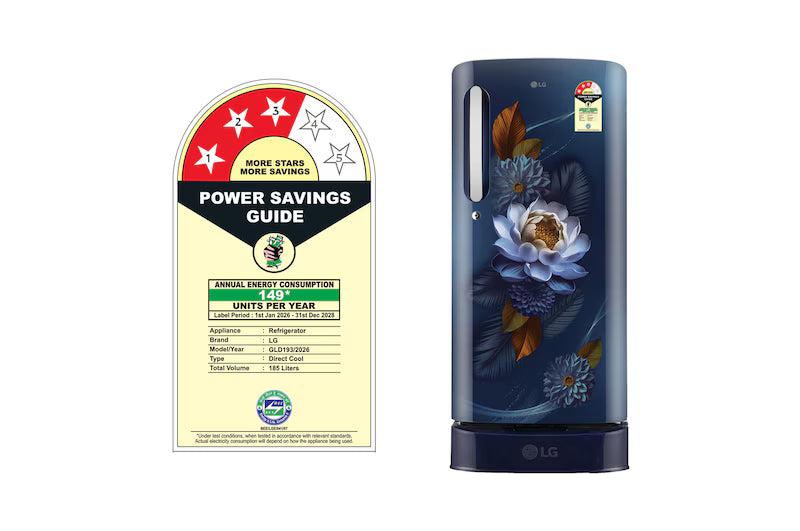 LG 185 L Single Door Refrigerator with Base Stand Drawer, Smart Inverter Compressor, Direct Cool, Blue Water Lily, 3 Star