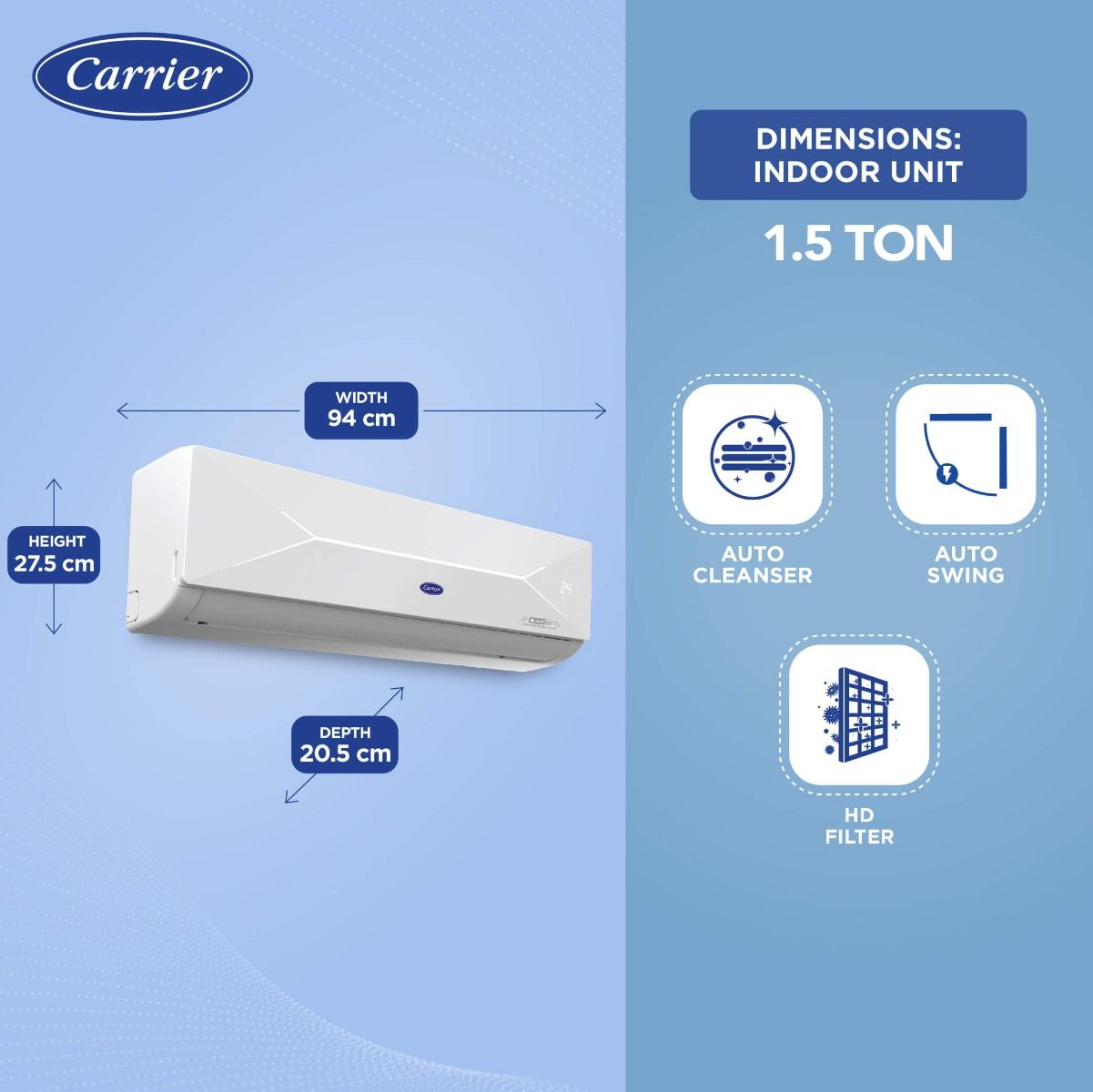 Carrier XCEL LUMO Exi 1.5 Ton (3 Star Inverter) Split AC with 6-in-1 FlexiCool, HD Filter, PM 2.5 Micron Filter (CAI18CL3R34F0)