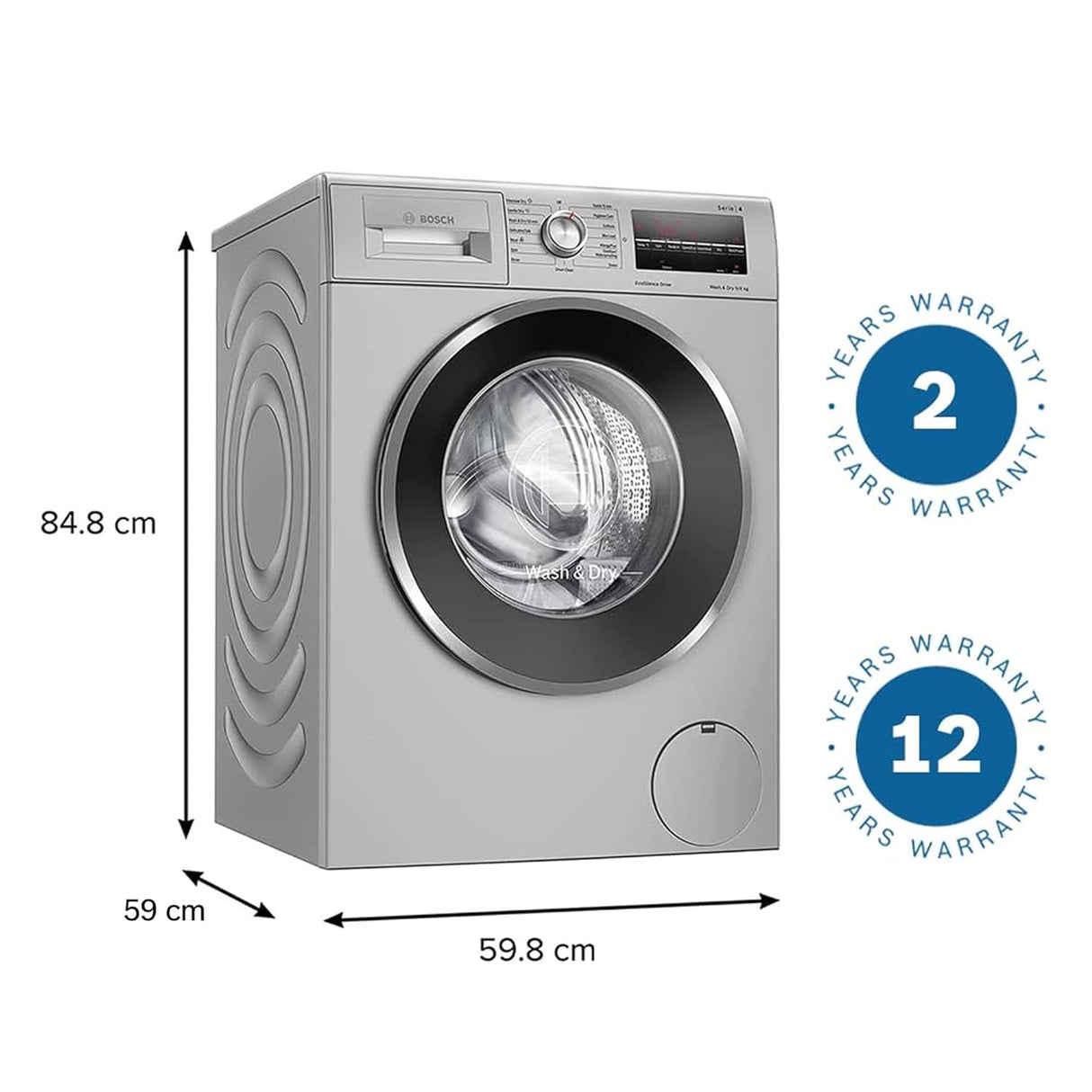 Streamlined washing in style: Bosch 9/6 KG Inverter Washer Dryer (Silver, 1400 RPM).