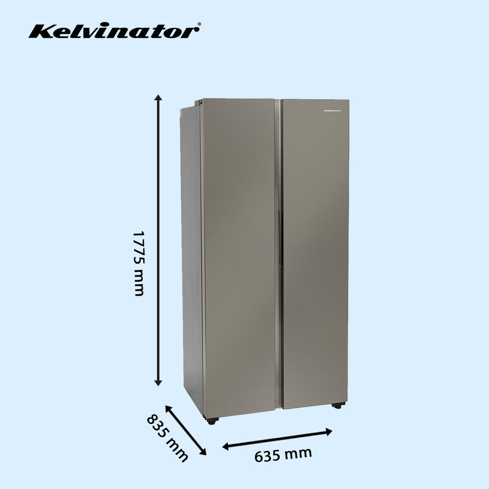 Kelvinator 500L Refrigerator: Side by Side, Shiny Silver, Stabilizer Free - Top choice for freshness.