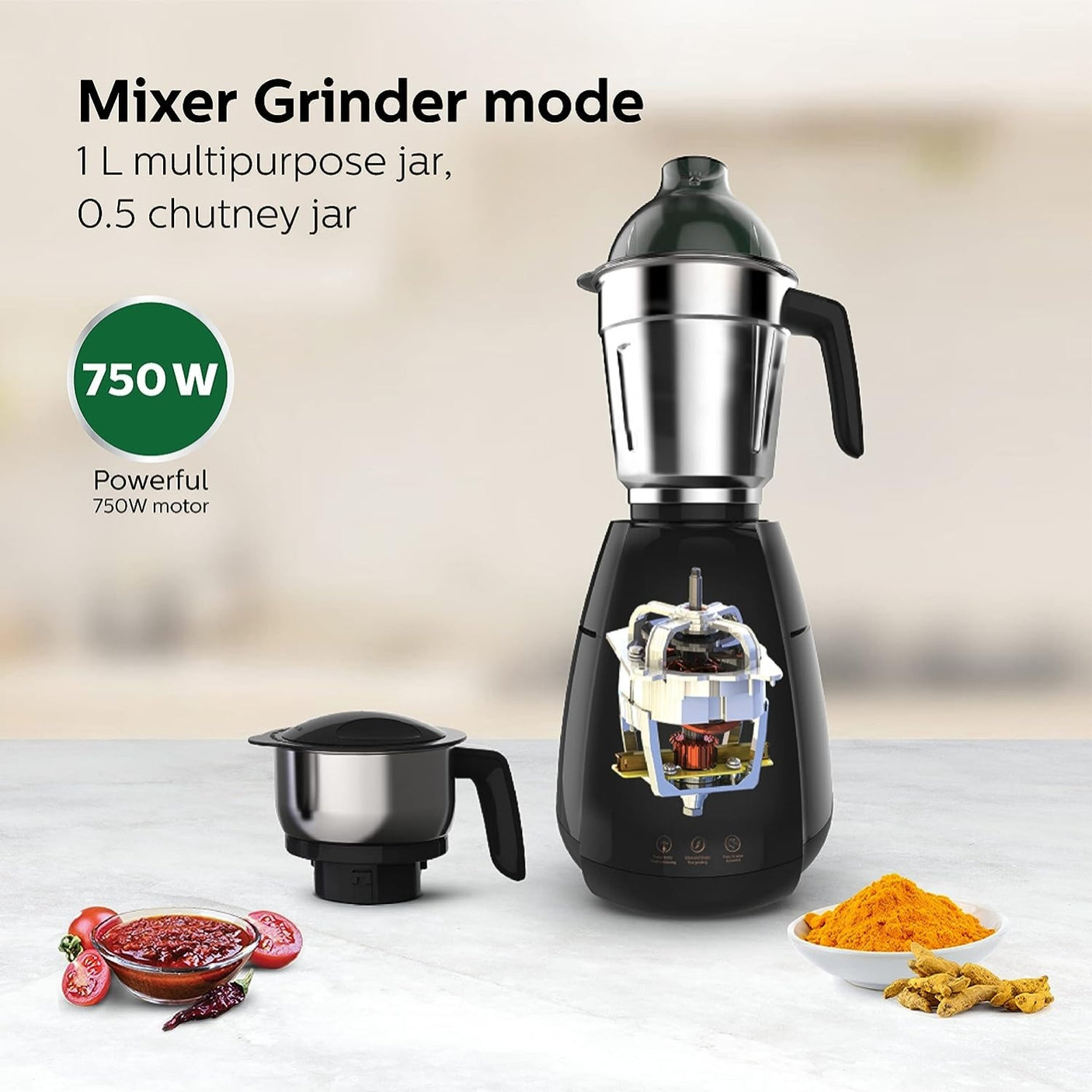 Unleash versatility: Philips 3-in-1 Mixer Grinder - 750W Power, 4 Jars.